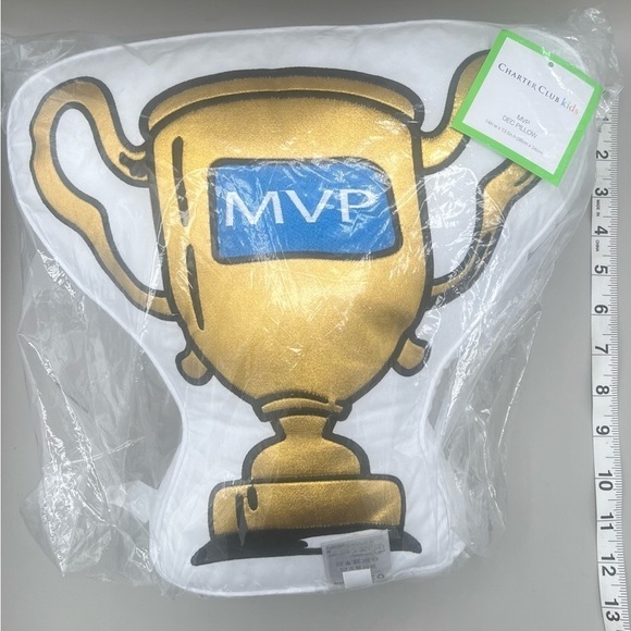 Charter Club Kids Decorative Figural MVP Trophy Pillow in White & Gold NEW - Picture 6 of 8